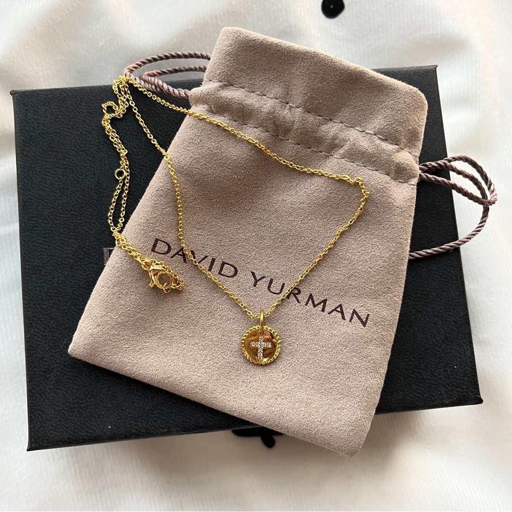 David Yurman 18k Yellow Gold Cross Necklace With Pave Diamonds